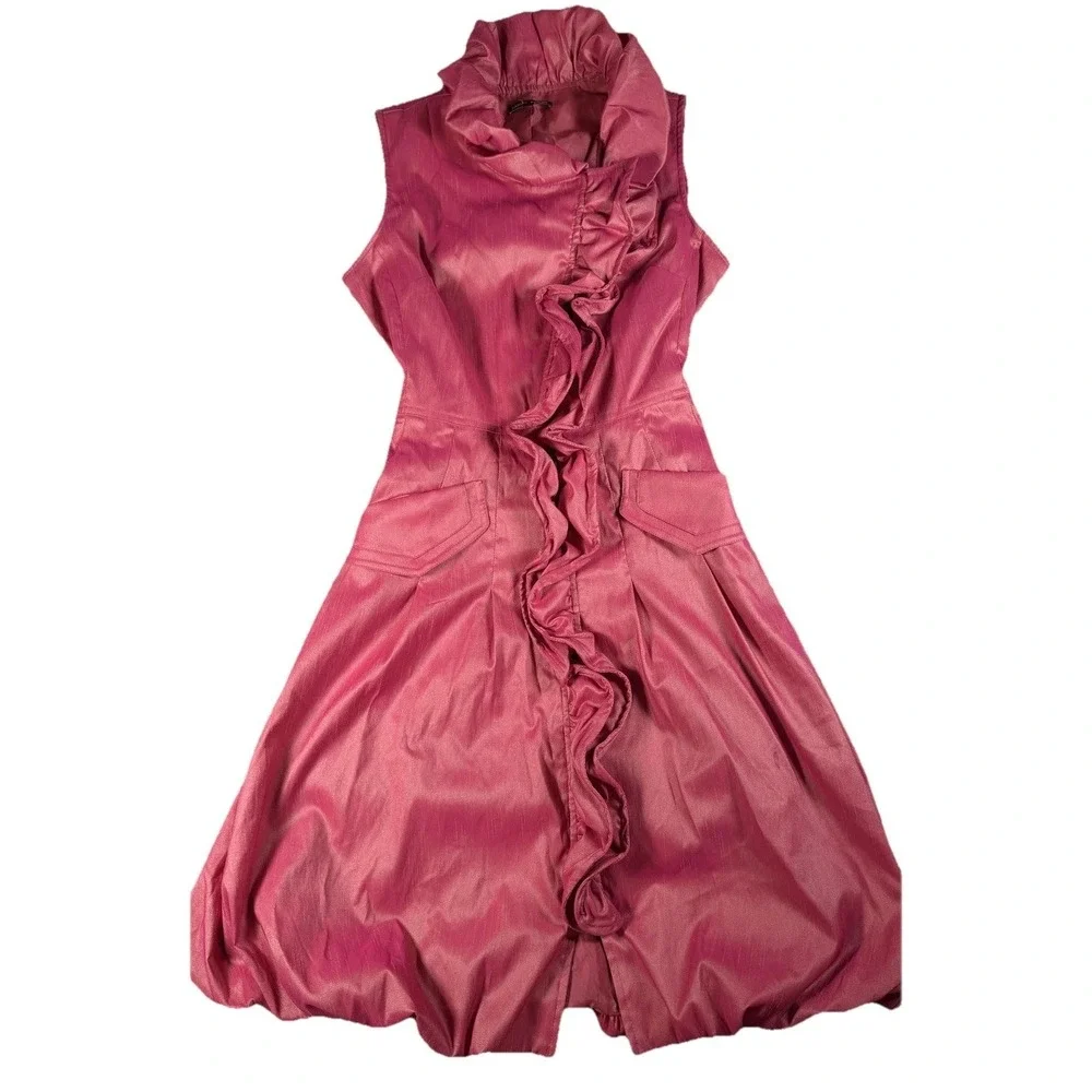 Samuel Dong Dress Womens S Pink Ruffle High Neck Bubble Hem Fit & Flare Party - Picture 1 of 14